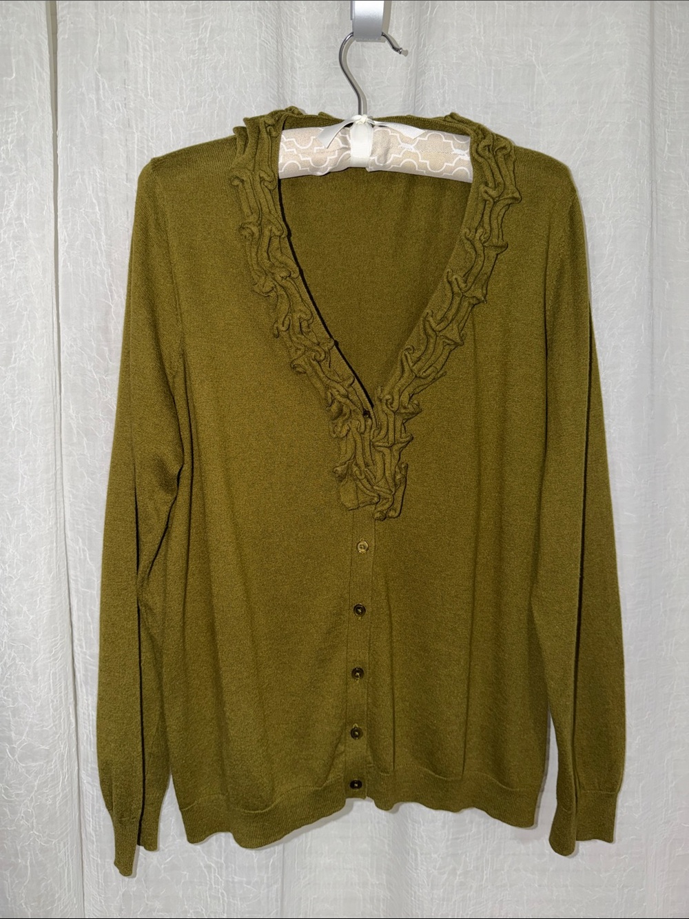 Talbots 2X Olive Green Ruffle Front Fine Knit Button Cardigan